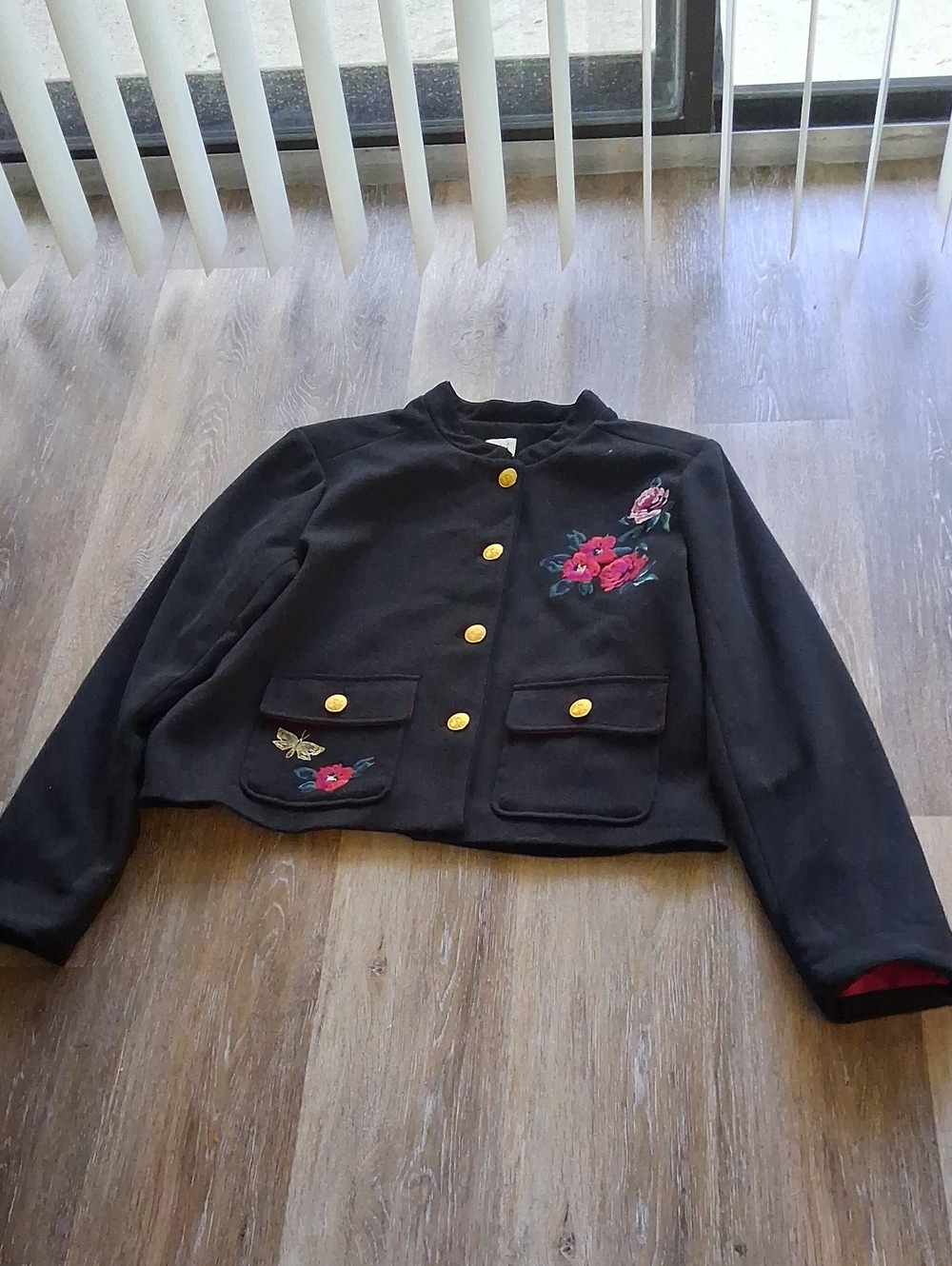 Black Cropped Embroidered Jacket with Gold Buttons